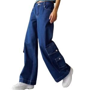 BDG Jeans Presley Wide Leg Utility Pockets Blue Denim Cotton Fisherman Size 25